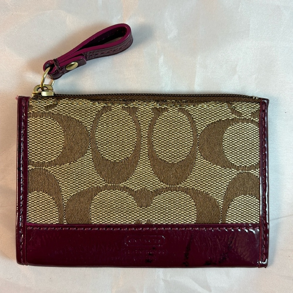 Coach Signature Canvas Tan Wallet with Plum Leather